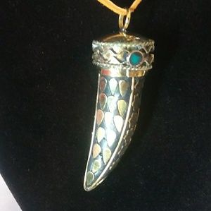 Tibetan Teardrop Horn Pendant on leather cord